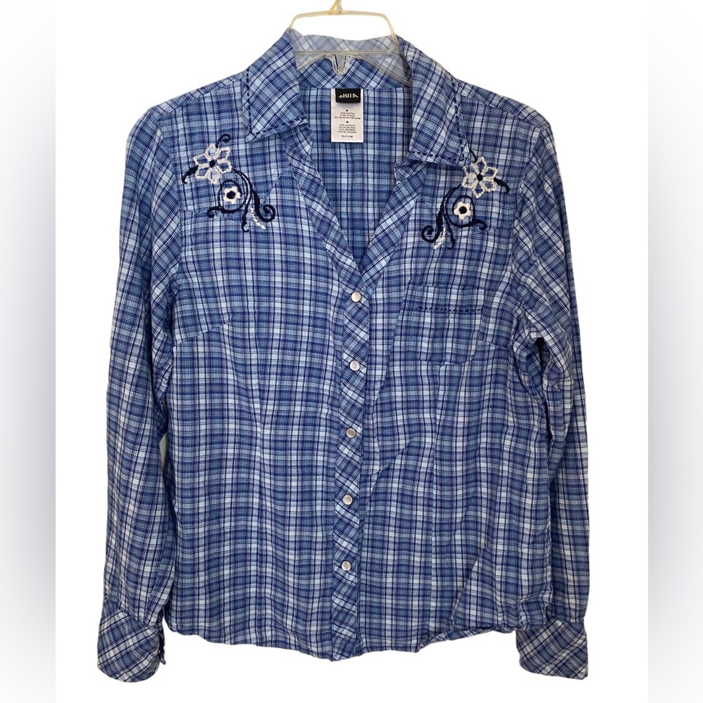 BILA Pearl Snap Blouse, Size M, Embroidery on Front and Back, Western Wear